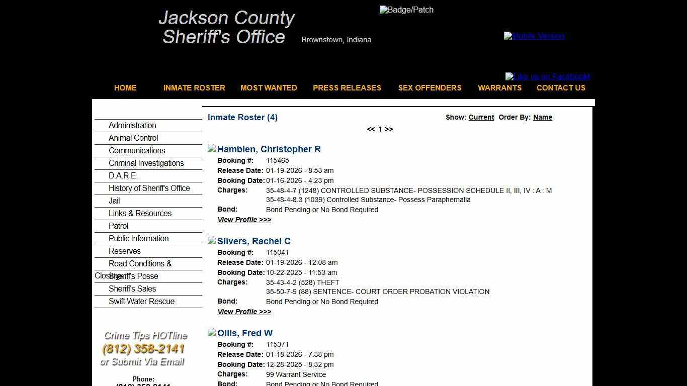 Inmate Roster - Released Inmates Booking Date Descending - Jackson County IN Sheriff