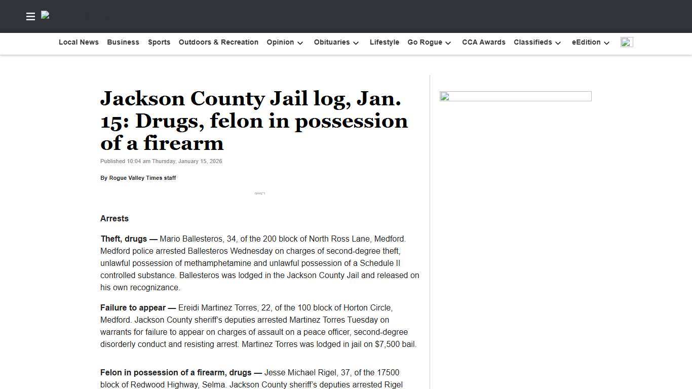 Jackson County Jail log, Jan. 15: Drugs, felon in possession of a firearm | Rogue Valley Times
